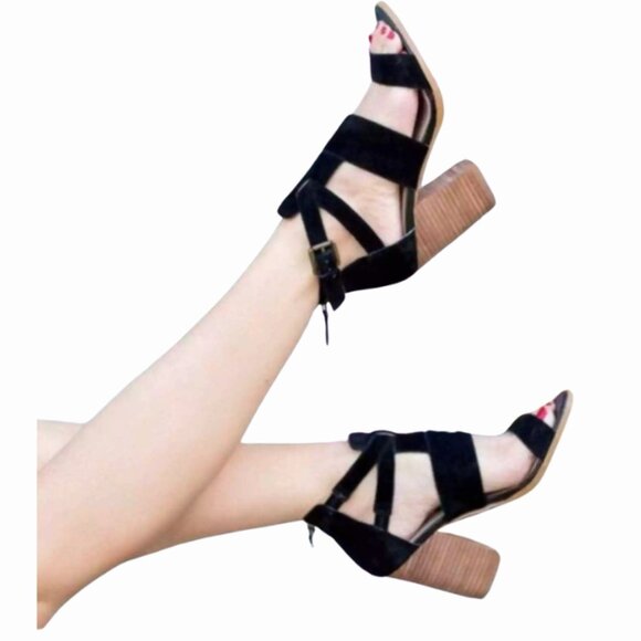 Hinge Shoes - Hinge Women's Cora Black Suede Layer Block Heel Open Toe Sandals SZ 7.5 3/$30 🌺